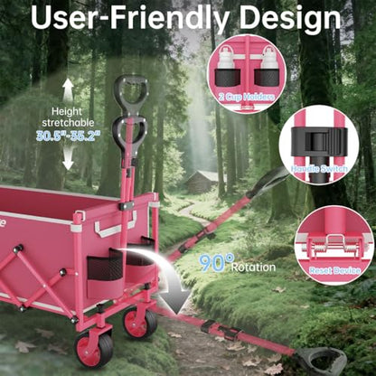 Extra Long Collapsible Wagon Cart, 480LBS Heavy Duty Utility Wagons with All-Terrain Wheels, Foldable Grocery Carts for Gardening, Shopping, Beach, Camping, Rose Pink - color: Rose Pink