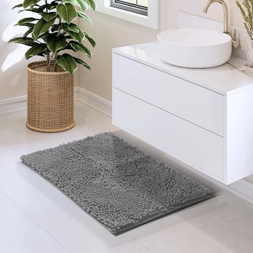 Hearth & Harbor Bathroom Rugs, Chenille Bath Mat - Machine Washable Bath Mats for Bathroom Non-Slip Backing Rubber, Quick Dry Bathroom Mat, 17 x 24 - Frost Grey - color: Frost Grey, style: 17 x 24