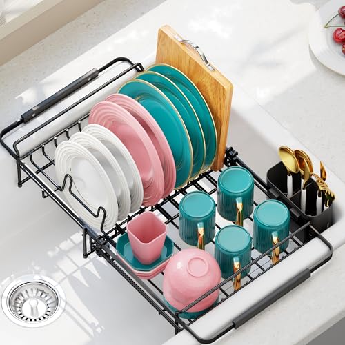 Urackify Expandable Stainless Steel in Sink Dish Drying Rack - Adjustable Dish Rack Over Sink, Rustproof Dish Drainer for Kitchen Counter, Dish Strainer with Utensil Holder, Fit Sink for 13"-18" - color: Black, size: Expandable - 13.07" ~ 21.2" x 11.2" x