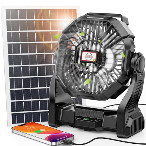 30000mAh Solar Fan with LED Lantern, 10W Solar Panel Rechargeable Battery Powered Camping Fan for Outside, 9 Inch Portable Battery Operated Hurricane Supplies for Picnic, Barbecue, Fishing, Travel - color: Black, size: 30000mAh