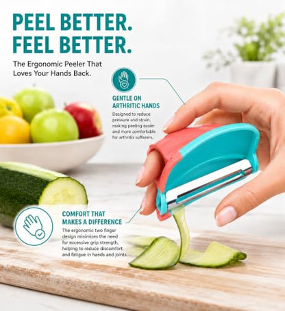 2 Finger Vegetable Peeler Easy Grip Safe Ergonomic Fruit & Potato Peeler for Arthritis Hands, Non Slip Kitchen Gadget for Carrots, Apples & Cucumbers with Stainless Steel Blade (Pink & Turquoise) - color: Pink & Turquoise
