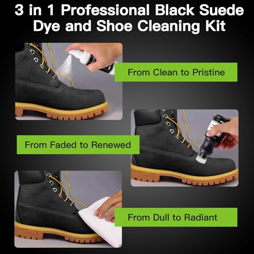 Nubuck & Suede Dye Black – 2-in-1 Cleaner & Color Restorer with 3 Brushes & Applicator – Renew Faded Shoes, Boots, Jackets, Purses, Car Seats, Furniture – Complete Suede Care Kit 3.4oz
