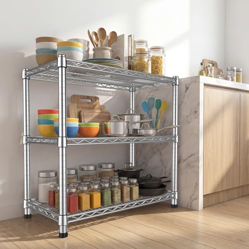 3-Shelf Metal Wire Shelving Unit Adjustable Metal Shelf Heavy-Duty Steel Storage Rack Display shelves Organizer for Office Kitchen Bathroom Laundry Pantry Basement Garage 13.97"D x 29.8"W x29.1"H - size: 3-Tier-Silver[13.97"D x 29.8"W x29.1"H]