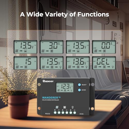 Renogy Wanderer 10A Solar Charge Controller - 12V/24V PWM Auto-Detect, LCD Display, USB & Lithium Support for RV Marine Off-Grid - size: 10A Standard