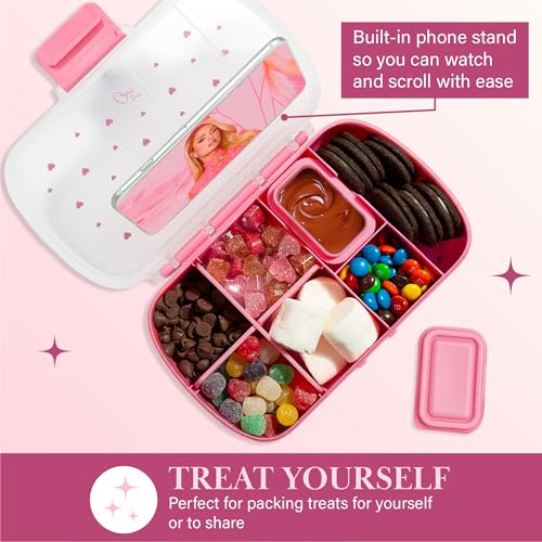 Paris Hilton 2-Pack Bento Style Snack Boxes, 7-Compartment Lunch Containers with Built-In Phone Stand, Removable Dividers and Dip Containers, Pink Heart Print - color: Pink Heart Print