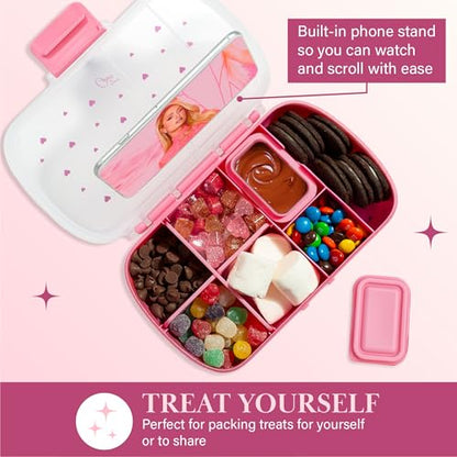 Paris Hilton 2-Pack Bento Style Snack Boxes, 7-Compartment Lunch Containers with Built-In Phone Stand, Removable Dividers and Dip Containers, Pink Heart Print - color: Pink Heart Print