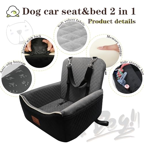 Dog Car Seat Bed 2 in 1 for Small/Medium Dogs up to 35 lbs,Adjustable Safety Leashes,Memory Foam with Soft Fabric Pets Travel Car Bed,Easily Installed in Front and Back seat,Removable and Washable. - color: Black outside Grey inside