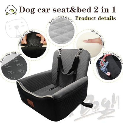 Dog Car Seat Bed 2 in 1 for Small/Medium Dogs up to 35 lbs,Adjustable Safety Leashes,Memory Foam with Soft Fabric Pets Travel Car Bed,Easily Installed in Front and Back seat,Removable and Washable. - color: Black outside Grey inside