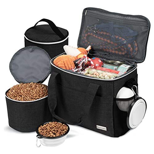 BAGLHER Dog Travel Bag Backpack Pet Supplies Backpack Pet Accessories Storage Bag 5-Piece Set With Shoulder Strap 2 Lined Pet Food Containers 2 Foldable Feeding Bowls Essential Kit for Pet travel - color: Black, size: Medium
