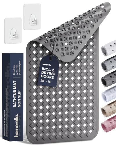 Bathtub Mat Non Slip 28x16 - homerella® Bath Mat Incl. Hooks for Drying, 100% BPA Free, Shower Mat Non Slip Anti Mold, Machine Washable, Shower Mats for Inside Shower Mildew Resistant (Dark Grey) - color: Dark Grey, size: 27.6" x 15.7" (Rectangular)