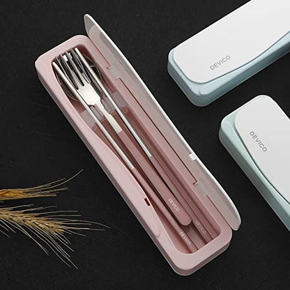 DEVICO Travel Utensils, 18/8 Stainless Steel 4pcs Cutlery Set Portable Camp Reusable Flatware Silverware, Include Fork Spoon Chopsticks with Case (Pink) - color: Pink