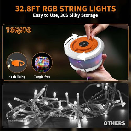 TOHETO Camping String Lights, 3 in 1 Upgraded Retractable RGB Outdoor String Lights with 19 Lighting Modes,Quick 30s Recovery, 32.8 FT Portable Tent Lights, Rechargeable Camping Lantern (White&Orange) - style: White&Orange