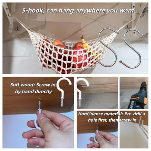 2-Pack Hanging Fruit Hammock with Hooks - Macrame Under Cabinet Veggie Banana Basket, Hand-Woven Boho Fruit Holder, Save Counter Space for Kitchen Home RV Boat (Ivory) - color: Ivory