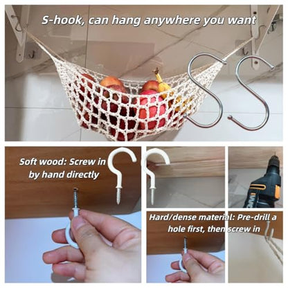 2-Pack Hanging Fruit Hammock with Hooks - Macrame Under Cabinet Veggie Banana Basket, Hand-Woven Boho Fruit Holder, Save Counter Space for Kitchen Home RV Boat (Ivory) - color: Ivory