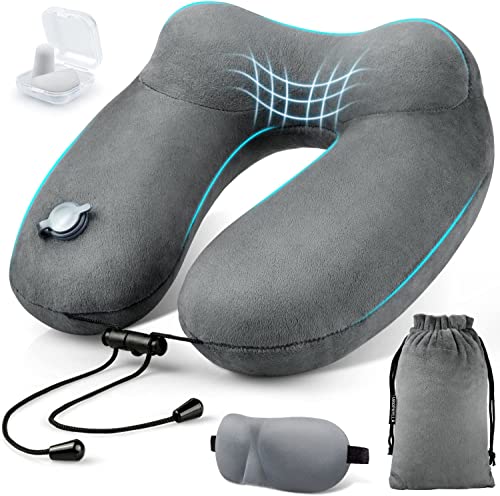 Inflatable Travel Neck Pillow for Airplanes, Super Soft Velvet Neck Support, Adjustable Firmness, Blow Up Plane Pillow for Long Flights, Road Trips, Travel Essentials with Eye Mask, Earplug - color: Premium Grey