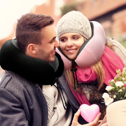 urnexttour Neck Pillow Airplane-2 Pack Memory Foam Travel Pillow, Soft Support Travel Neck Pillow for Travelling, Sleeping Rest, Car, Train and Home Use (Black&Pink) - color: Black&pink