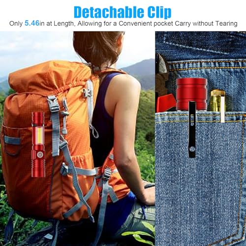 Hoxida Flashlight USB Rechargeable, Magnetic LED Flashlight, Super Bright LED Tactical Flashlight with Cob Sidelight, Waterproof, Zoomable Best Small LED Flashlight for Camping, Emergency -Red - color: Red