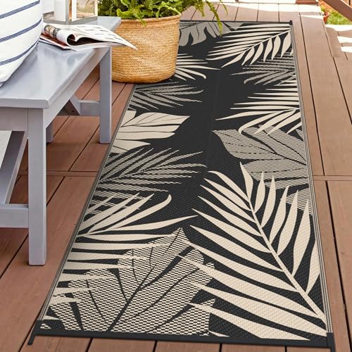 GENIMO Outdoor Rug 2.5' x 8' Waterproof for Patios Clearance, Reversible Outdoor Plastic Straw Camping Rug Carpet, Large Area Rugs Mats for RV, Camper, Deck, Balcony, Porch, Beach, Black&Beige - color: Black & Beige, size: 2'6" x 8' (Rectangular)