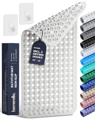 Bathtub Mat Non Slip 35x16 - homerella® Bath Mat Incl. Hooks for Drying, Extra Long, 100% BPA Free, Shower Mat Non Slip Anti Mold, Machine Washable, Shower Mats for Inside Shower Mildew Resistant - color: White, size: 34.5" x 15.5" (Rectangular)
