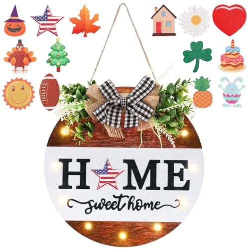 HOMCDALY Interchangeable Welcome Sign for Front Door with 14 Changeable Icons, Door Wreaths for Front Door with 12 LED Lights, Farmhouse Rustic Welcome Door Hanger Wall Sign, Porch Decorations(White) - color: Middle White-LED