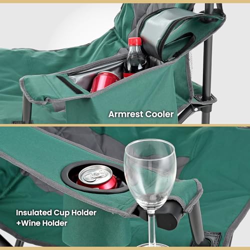 ARROWHEAD OUTDOOR Portable Deluxe Folding Camp Quad Chair w/Headrest, Glass & Cup Holders, Armest 6-can Cooler, Heavy Duty Carry Bag, 550 lbs Weight Capacity - color: Green