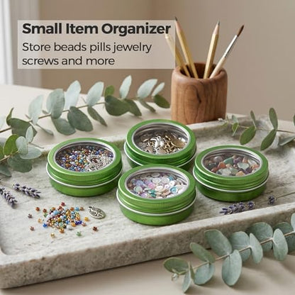 2 oz (60ml) Green Aluminum Tins with Clear Lids and Labels, 24 Pack | Clear View Lid, Secure Packaging, Tight Screw Lids, Includes Blank Labels, 11 Color Options - color: Green