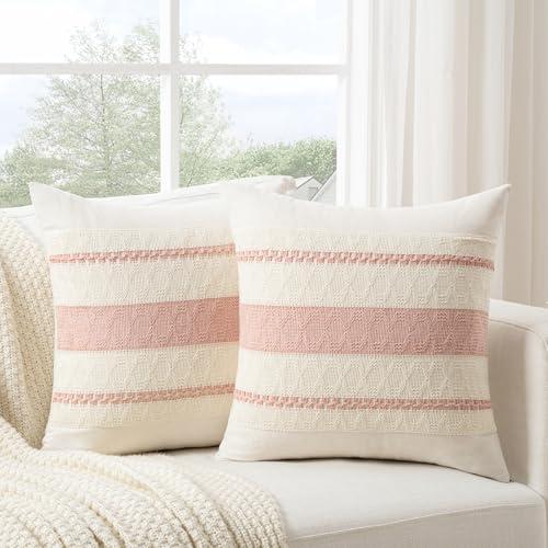 Fancy Homi Set of 2 Boho Pink Decorative Throw Pillow Cover 16x16 Inch for Couch Bed Sofa, Aesthetic Modern Organic Farmhouse Home Decor, Soft Cotton Cute Accent Macrame Woven Cushion Case - color: Pink, size: 16" x 16" (Pack of 2)