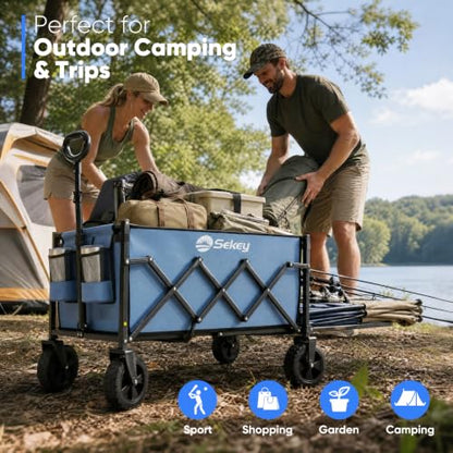 Sekey Collapsible Wagon Cart with Drop-Down Tailgate, 300 lb Capacity - color: Blue, size: 300 lbs