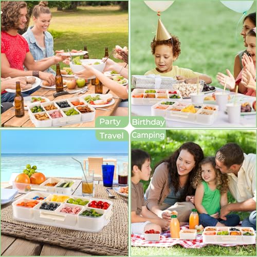 LUXEAR 2Pack 8-Compartment Snackle Box - Airtight Leakproof Divided Food Tray with Lid & Handle, BPA-Free Dishwasher Safe for Picnic, Fridge, Travel, Party, Ideal for Charcuterie & Food Storage - size: 2pack white