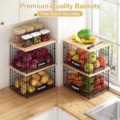 keomaisyto 2 Set XL Stackable Wire Baskets with Bamboo Top- Pantry Organizers and Storage, Kitchen Organization Counter Storage Bins for Potato/Onion/Fruit/Vegetable/Produce, Under Sink Organizing - size: XL-17.28x13.15x8.43