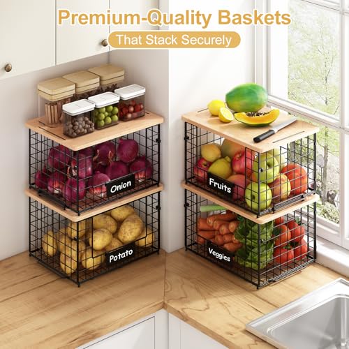 keomaisyto 2 Set XL Stackable Wire Baskets with Bamboo Top- Pantry Organizers and Storage, Kitchen Organization Counter Storage Bins for Potato/Onion/Fruit/Vegetable/Produce, Under Sink Organizing - size: XL-17.28x13.15x8.43