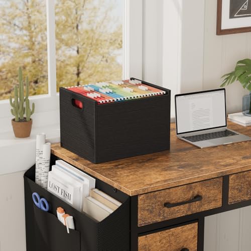 ROSONG Black Wood File Organizer Box - Filing Bin for Letter & A4 Size Wood Decorative Hanging File Folders Storage Crate with Handle, Sturdy Home Office Filing Cabinet System