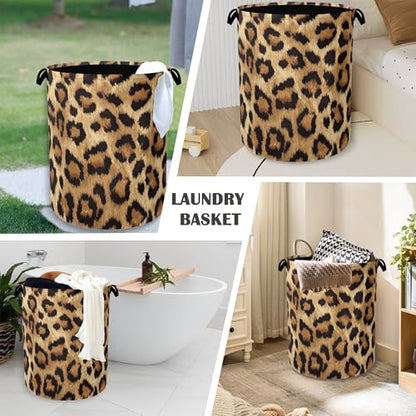 Brown Leopard Laundry Basket,Foldable with Handles Tote Bag Oxford Cloth for Bathroom Bedroom Dirty Clothes Storage Bucket 16" x 20.8" - color: Brown Leopard