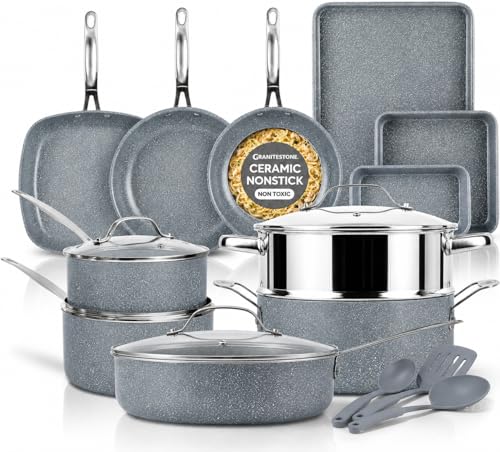 Granitestone Ceraluxe 20 Pc Ceramic Cookware Set Nonstick, Complete Pots and Pans Set Non Stick for Kitchen with Bakeware, Utensils & Steamer, Non Toxic Made Without PFOA PFOS, Oven & Dishwasher Safe - color: Gray