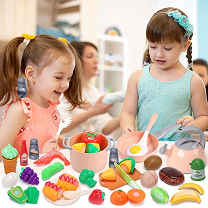 CUTE STONE Toy Kitchen Accessories Set, Play Food Sets for Kids Kitchen, Kids Cooking Sets with Play Pots and Pans, Utensils Cookware Toys, Toddler Kitchen Playset, Play Kitchen Toy for Girls Boys - style: Pink Cooking Set