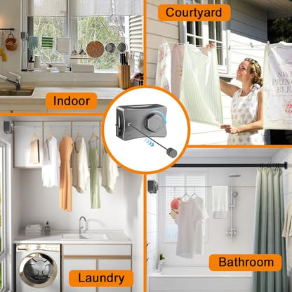 Retractable Clothesline Indoor Outdoor Clothes Line Kit, Heavy Duty Clothes Drying Laundry Line 16.7ft Wall Mounted Drying Rack Non-Sagging Air Dry Clothing Travel Clotheslines (White) - color: White