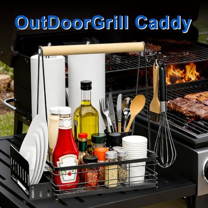Grill Caddy with Plate Holder and 2Paper Towel Holder, Picnic BBQ Condiment Utensil Organizer Caddy for Outdoor Cooking, RV, Camping Essential, Camper Must Haves, Grilling Gifts