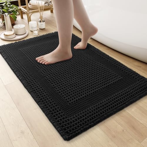 AMOAMI Waffle Bath-Mat, Absorbent Bath Mats for Bathroom Non Slip, Machine Washable Bathroom Rugs with Tassels Ultra Soft Boho Bath Rugs for Floor 17''x24'' Black - color: Black, size: 17"x24"