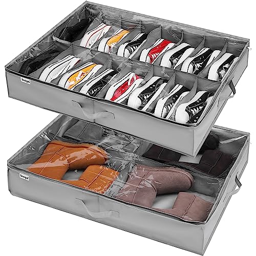 Under Bed Shoe Storage Organizer Set of 2, Fits 16+4 Pairs Boots Total, Underbed Shoe Box Storage Containers w/ Reinforced Handles, Clear Foldable Shoes Organizer Adjustable Dividers w/ Bottom Support - size: 16+4 Cells (Adjustable Dividers)