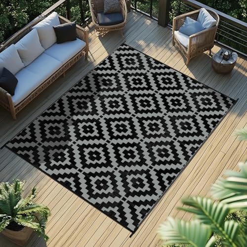 Favoyard Outdoor Rug 5x8 ft Waterproof Reversible Patio Plastic Straw Rugs for Decor Clearance Outside Large RV Camping Area Carpet Mat for Porch Deck Balcony Pool Backyard Picnic Beach Camper Door - color: Black & Gray, size: 5' x 8' (Rectangular)