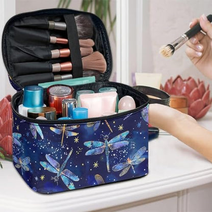 Comestic Bag for Women Blue Dragonfly Printed Makeup Brush Bag Exquisite Portable Travel Case for Toiletries Skin-Care Products with Versatile Uses - color: Blue Dragonfly