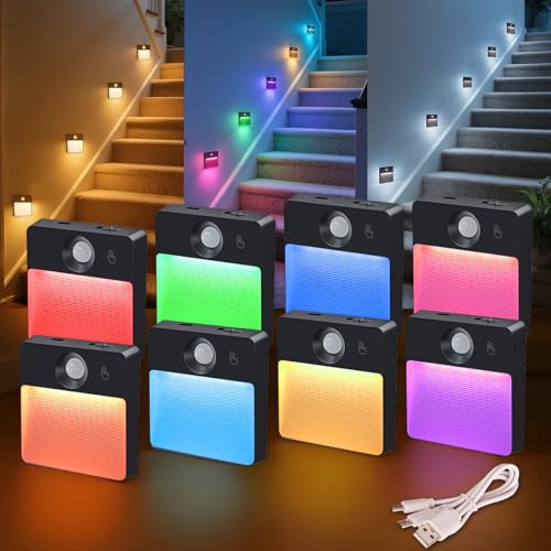 Guankai 8 Pack Motion Sensor Stair Light for Indoor, Rechargeable Battery Operated Night Lights, RGBW Stick On Closet Lamp, Motion Activated Magnetic Lighting Lamps for Step, Cabinet,Hallway,Bathroom - color: Black, size: 8 Pack
