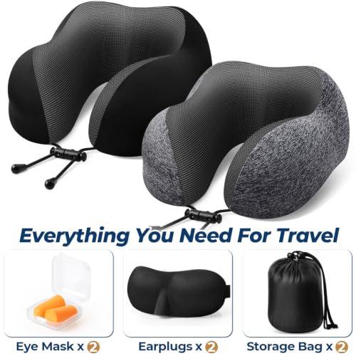 ExploreBliss Travel Pillow, 2 Pack Travel Pillows for Sleeping Airplane, Removable Cover Neck Pillow with Adjustable Clasp, Memory Foam Neck Pillow Set (Dark Grey & Black) - color: Dark Grey & Black