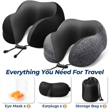 ExploreBliss Travel Pillow, 2 Pack Travel Pillows for Sleeping Airplane, Removable Cover Neck Pillow with Adjustable Clasp, Memory Foam Neck Pillow Set (Dark Grey & Black) - color: Dark Grey & Black