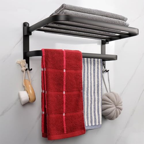 TocTen Towel Rack for Bathroom, Foldable Towel Holder with Double Towel Bars, Wall Mounted Premium Aluminum Bathroom Tower Shelf, Space-Saving Towel Hanger for Bathroom, Lavatory (Black,16 in) - color: Black, size: 1 Pcs 2 Hooks 16 In