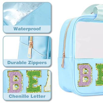 Beach Bags Chenille Letter Patch Clear Beach Bag for Travel Preppy Cosmetic Bags Clear Snacks Pouch with Zipper Toiletry Bags for Traveling Women Travel Bags for Toiletries - color: Blue-Beach