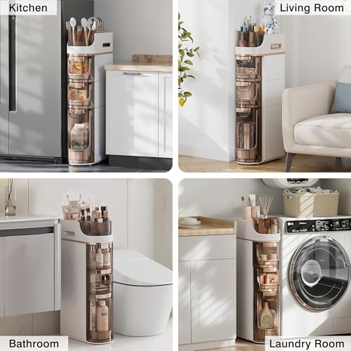 VECELO 3-Tier Slim Bathroom Storage Cabinet with Wheels, Skinny Bathroom Storage Cabinet with Drawers, Toilet Paper Holder, Movable Narrow Floor Cabinet for Small Space, Bathroom - size: 16.14" x 6.69" x 28.94"