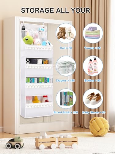 Over Door Organizer - Boho Nursery Hanging Organizer with Tassels -Oxford Behind Door Storage for Bedroom, Bathroom, Closet, Dorm, Pantry, Baby Diapers, Toys, Plush, 4 Tiers, White