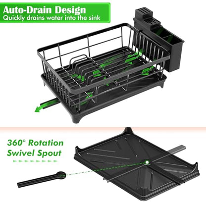 Kmiectse Dish Drying Rack - Space-Saving Small Dish Rack for Kitchen Counter, Rust-Resistant Kitchen Drying Rack, Compact Dish Drainer Organizer with Utensil Holder for Home Kitchen, Black - color: Black
