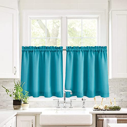 Valea Home Waffle Weave Textured Bathroom Window Curtains Water Repellent Window Covering Half Window Curtains Kitchen Tiers 24 inch Length, Turquoise, Set of 2 - color: Turquoise, size: 36"W x 24"L (Pack of 2)